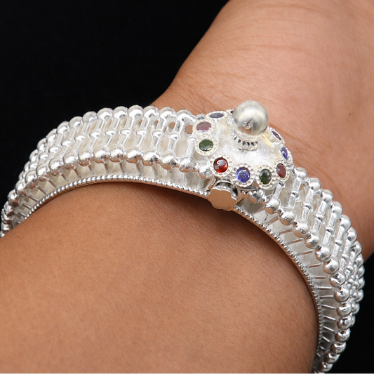 Elegant Indian traditional 925 sterling silver cuff kada bracelet with vintage cultural design, perfect for brides and special occasions.