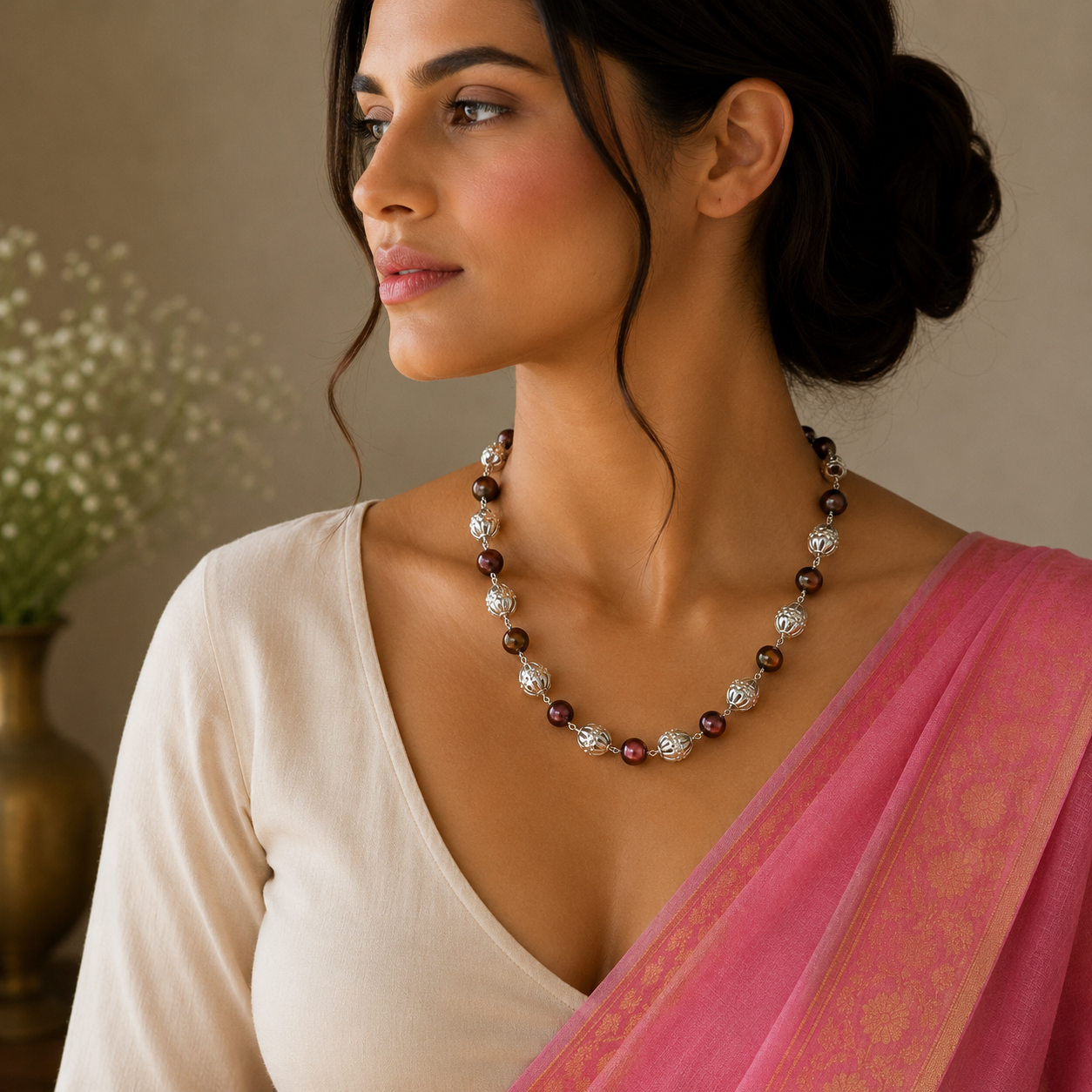Elegant natural freshwater pearl beaded necklace with 925 sterling silver, perfect for women and daily wear.