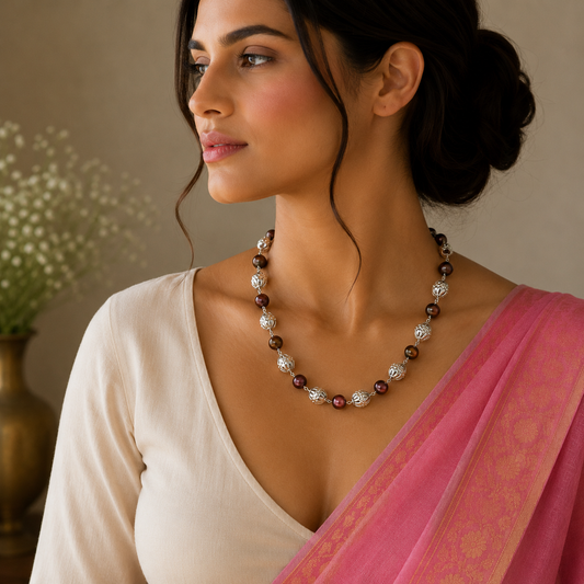 Elegant natural freshwater pearl beaded necklace with 925 sterling silver, perfect for women and daily wear.