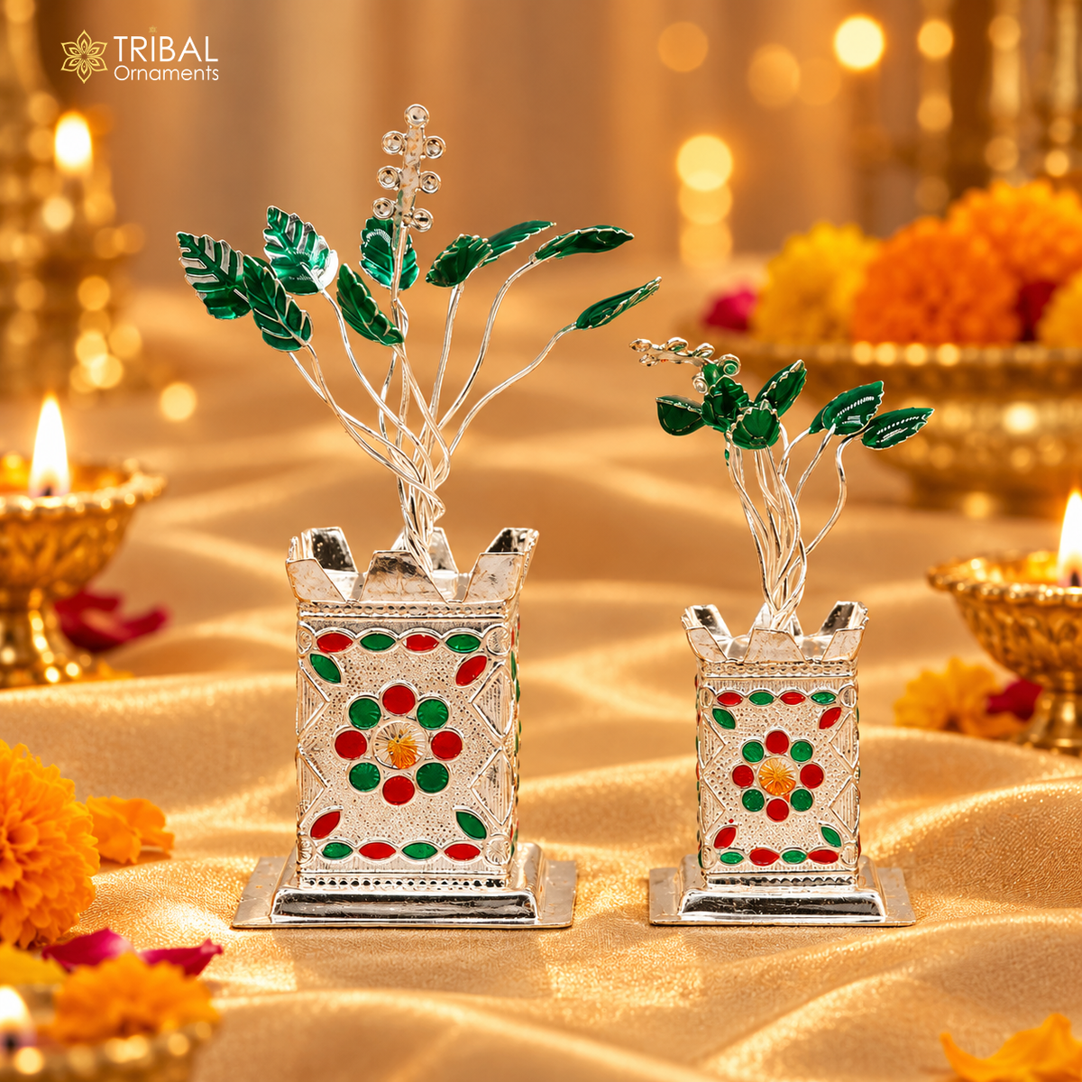 925 silver handmade mini Tulsi basil rosary plant for puja, with enamel leaf design in a festive silver planter.