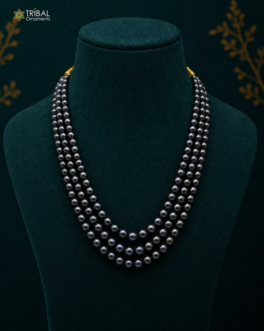 Freshwater pearl necklace set with 399 carats, 4-9mm pearls, three-layer design, ideal for wedding or daily wear jewelry.