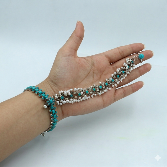 Sterling silver turquoise stone hathpan set with bangle, chain, and ring from Tribal Ornaments, traditional Indian jewelry.