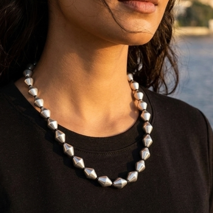 925 Sterling silver handmade Dholki shape beaded adjustable necklace mset482 - TRIBAL ORNAMENTS