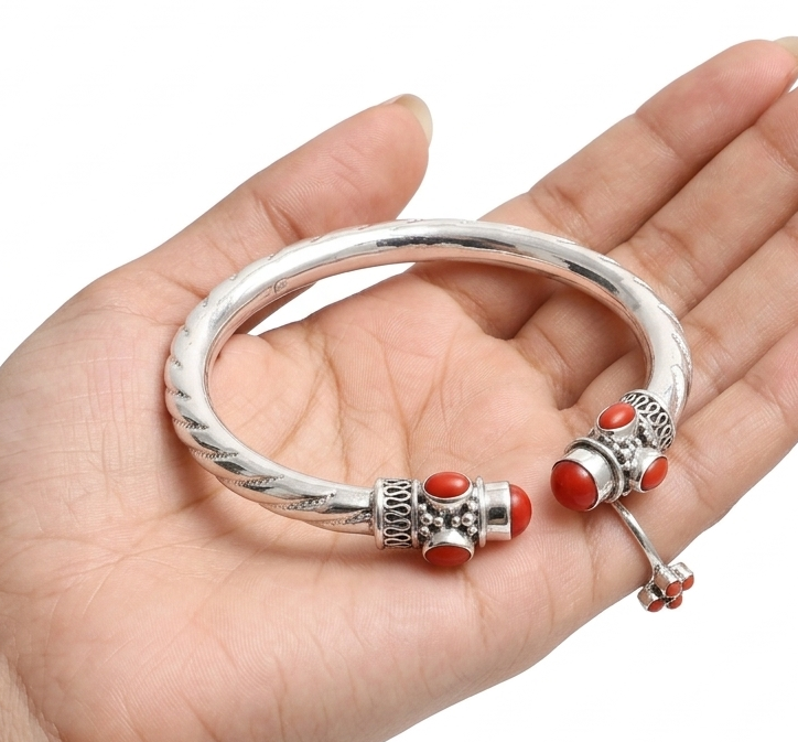 Red coral stone sterling silver men's and women's bangle cuff bracelet with customized design by TRIBAL ORNAMENTS.