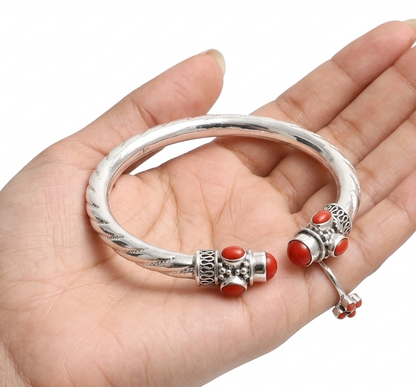 Red coral stone sterling silver men's and women's bangle cuff bracelet with customized design by TRIBAL ORNAMENTS.