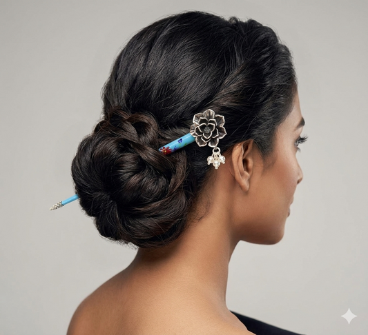 Sterling silver rose flower hair pin with wooden painted stick, floral design, perfect for brides and special occasions.