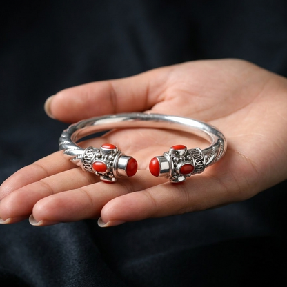 Red coral stone custom 925 silver bangle cuff bracelet by TRIBAL ORNAMENTS, stylish jewelry for men and women.
