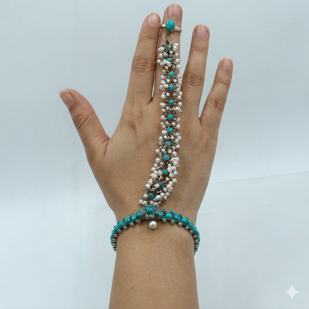 Sterling silver turquoise stone hathpan set with bangle, chain, and ring from TRIBAL ORNAMENTS, traditional jewelry for gifting.