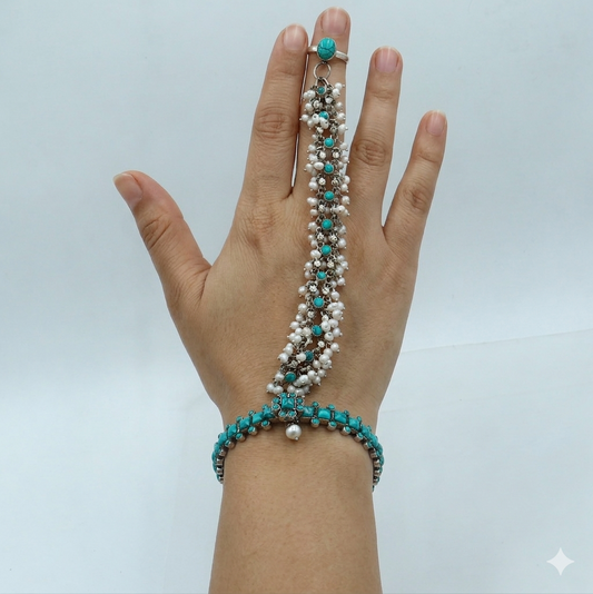 Sterling silver turquoise stone hathpan set with bangle, chain, and ring from TRIBAL ORNAMENTS, traditional jewelry for gifting.