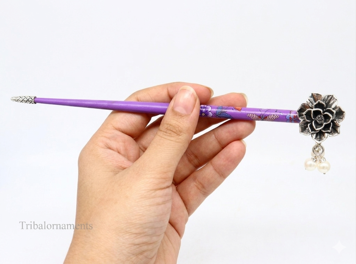 Sterling silver rose flower hair pin with wooden painted stick, elegant hair jewelry perfect for brides or special occasions