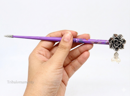 Sterling silver rose flower hair pin with wooden painted stick, elegant hair jewelry perfect for brides or special occasions