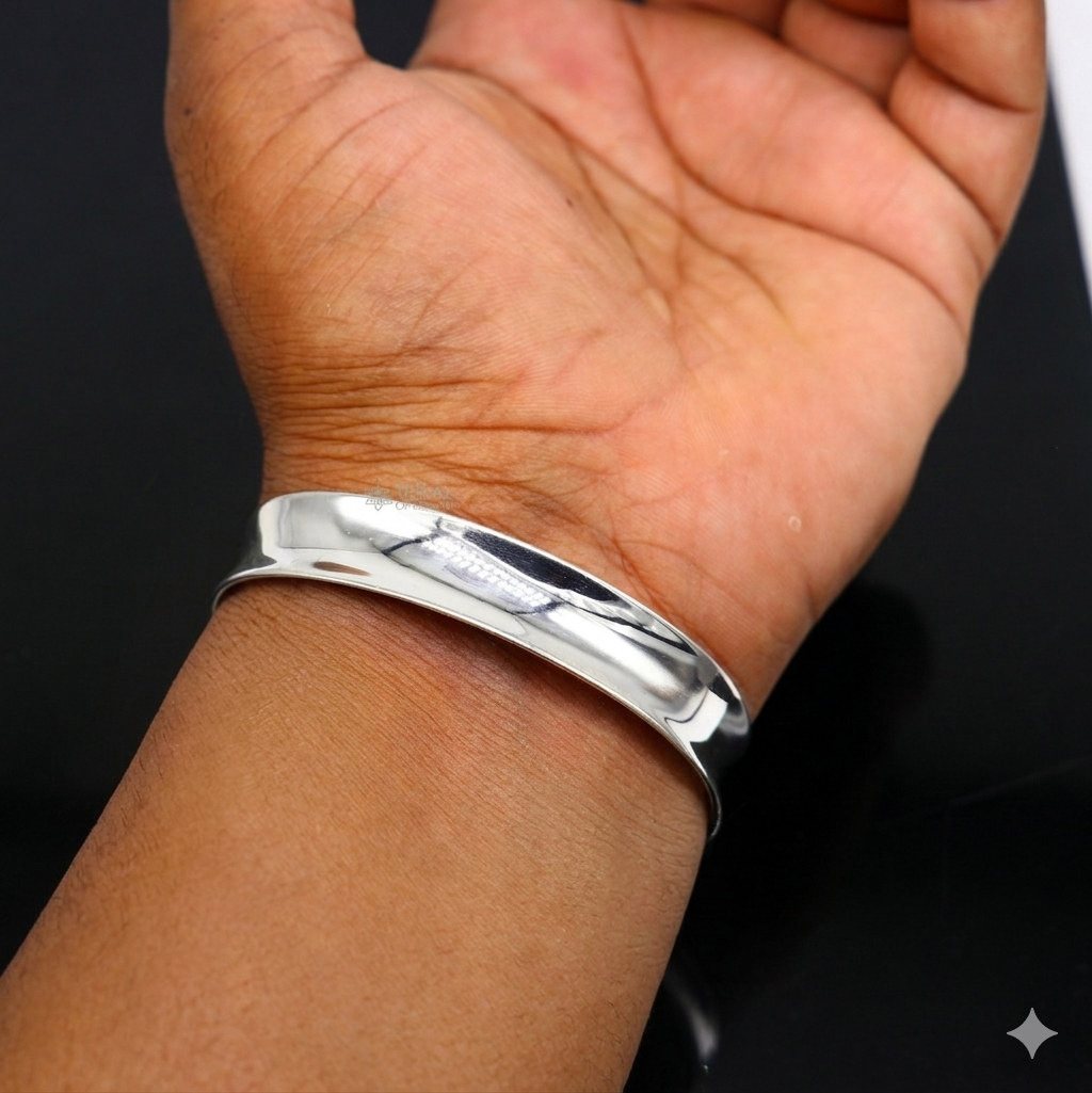Shiny 925 sterling silver men's bangle cuff bracelet with a sleek, plain design, stylish for gifting or everyday wear.