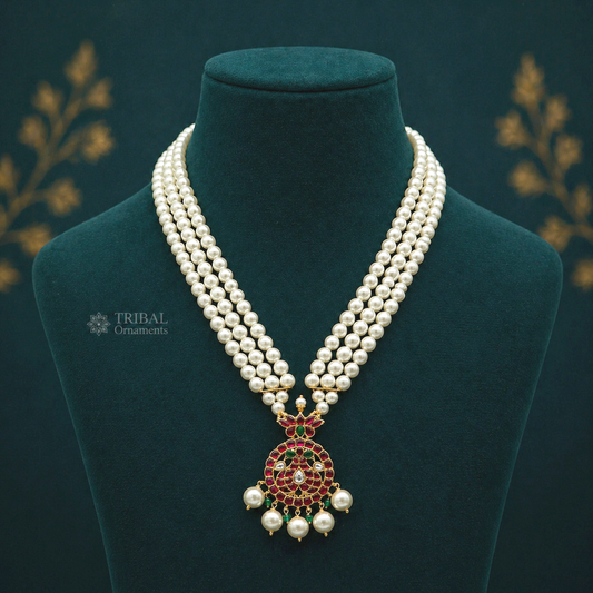 Gold polished sterling silver kundan jadau necklace with pearls, featuring customized design for brides and ethnic belly dance jewelry set