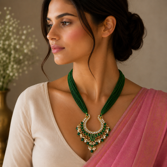 Gold polished sterling silver charm necklace with peacock pendant and hanging pearls, featuring intricate tribal ornament design.
