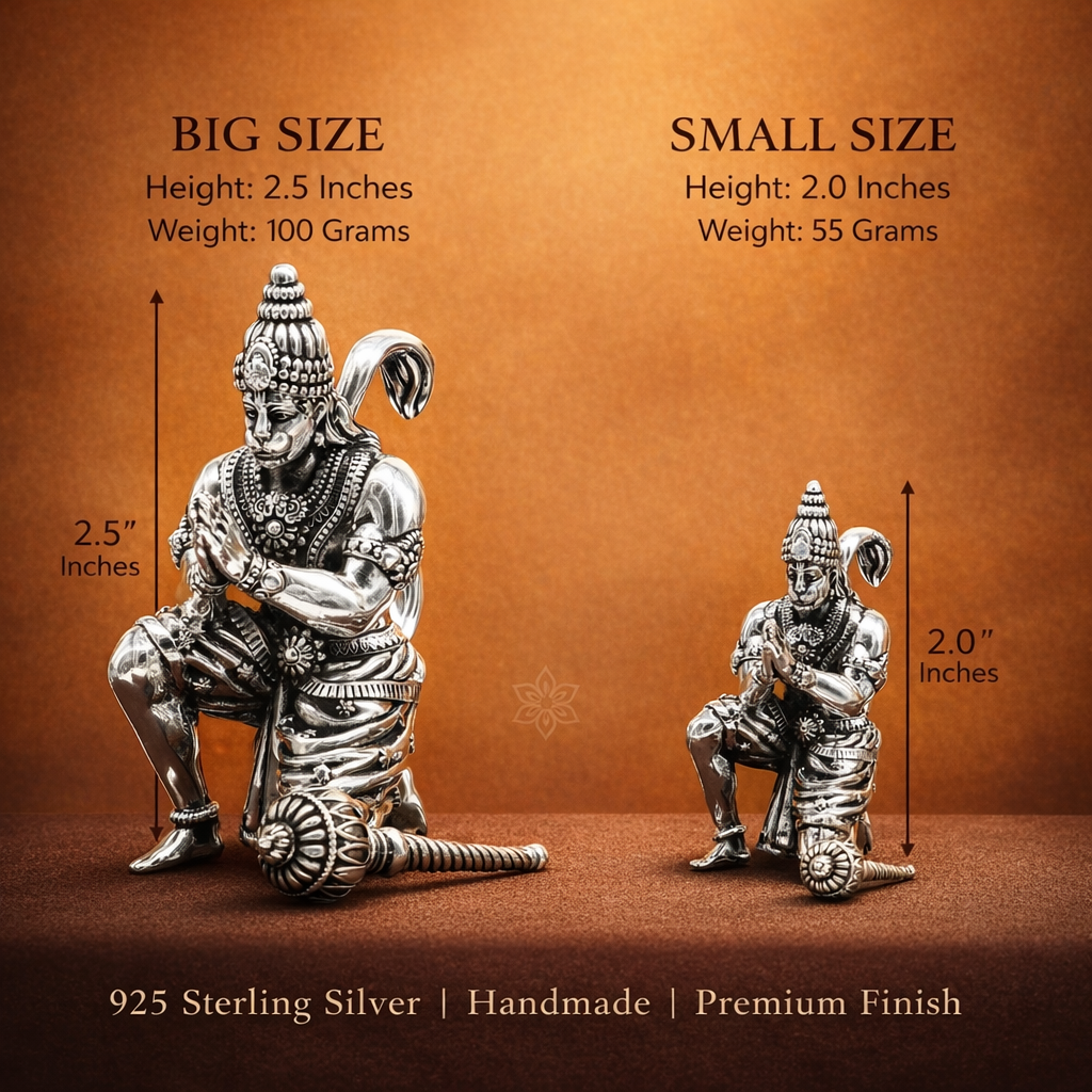 Handmade 2.5-inch 925 silver Lord Hanuman statue for puja, home temple decor, or gifting by TRIBAL ORNAMENTS.