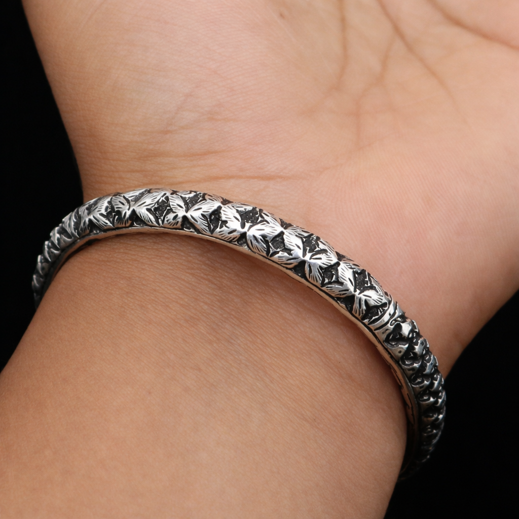 Handmade 925 Sterling silver tribal chitai bangle cuff with intricate designs from TRIBAL ORNAMENTS, ethnic jewelry for women