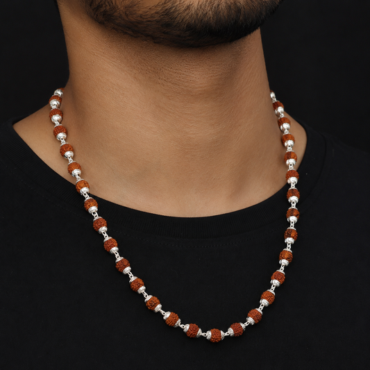 Handmade sterling silver Rudraksh beads japp mala necklace, 26 inches long with 54 beads for chanting and prayer rituals.