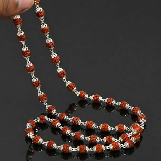 Handmade sterling silver Rudraksh beads japp mala necklace, 23 inches long with 54 beads for chanting and prayer.
