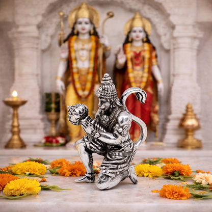 Handmade 925 silver Lord Hanuman statue, 1.5-inch sculpture for puja or gifting, suitable for home temple decor.