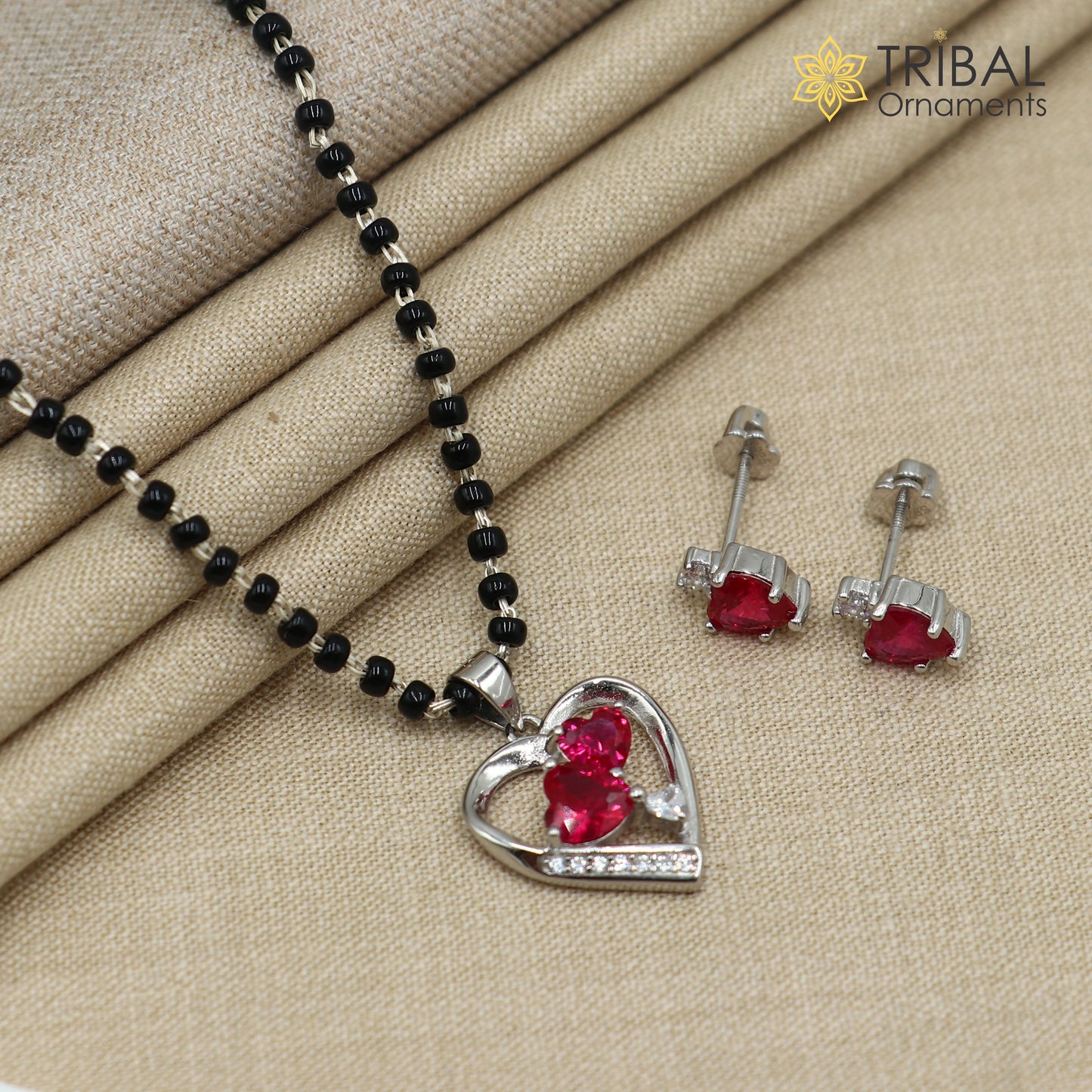 18 inches 925 sterling silver pink stone heart shape mangalsutra with earring ms153
