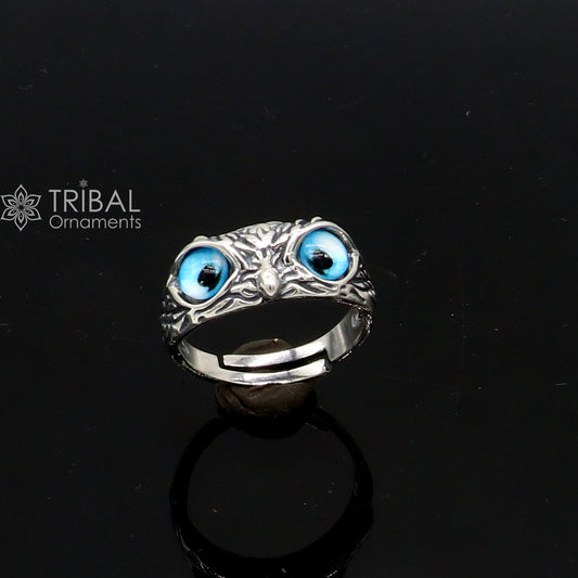 925 sterling silver blue eyes Owl Ring ,Bird Ring , Bird Lover Jewelry sr713 - TRIBAL ORNAMENTS