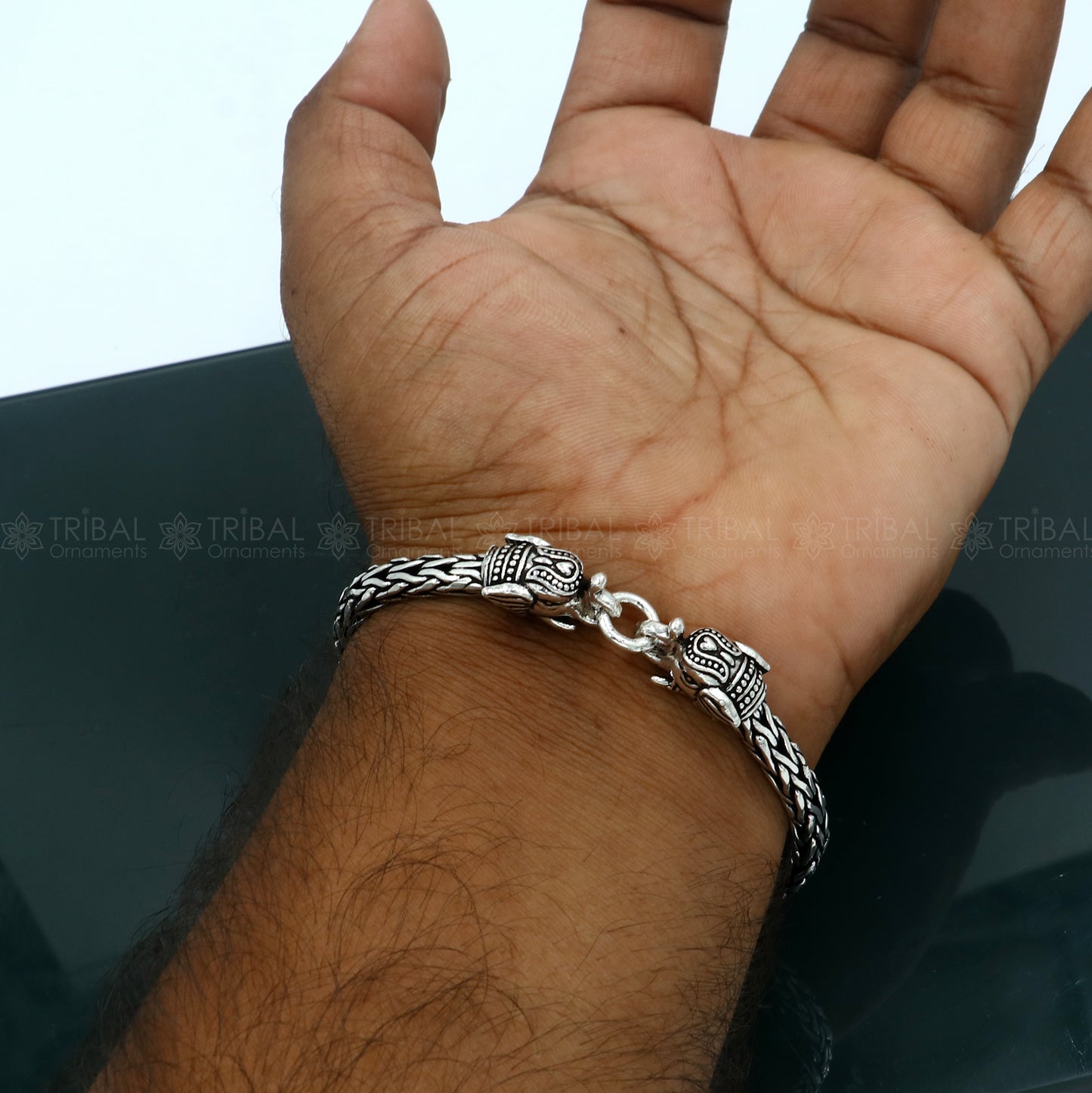 925 Sterling silver handmade solid elephant face design twist chain bracelet flexible bracelet unisex jewelry from india  sbr763