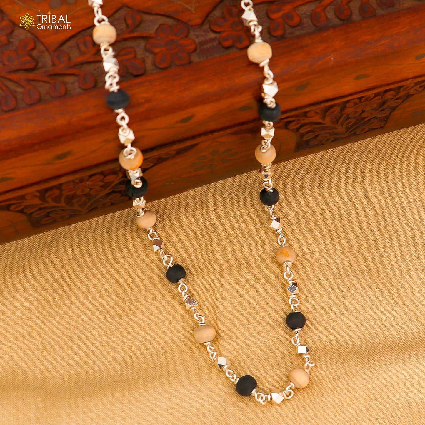 925 Silver handcrafted Black Basil rosary beads with silver beads necklace chain tulsi mala use in Ayurveda feel protected and focused ch617