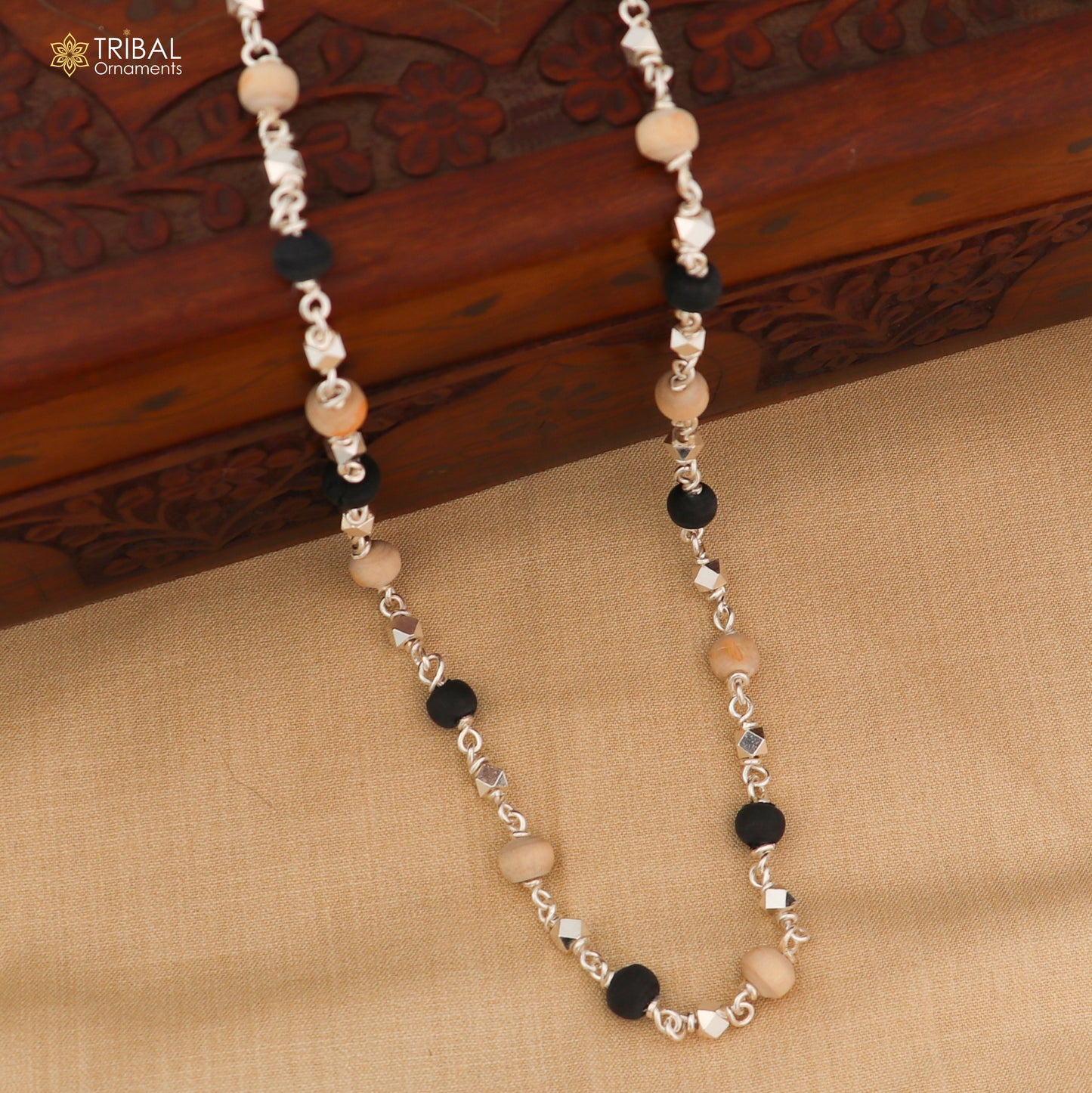 925 Silver handcrafted Black Basil rosary beads with silver beads necklace chain tulsi mala use in Ayurveda feel protected and focused ch617