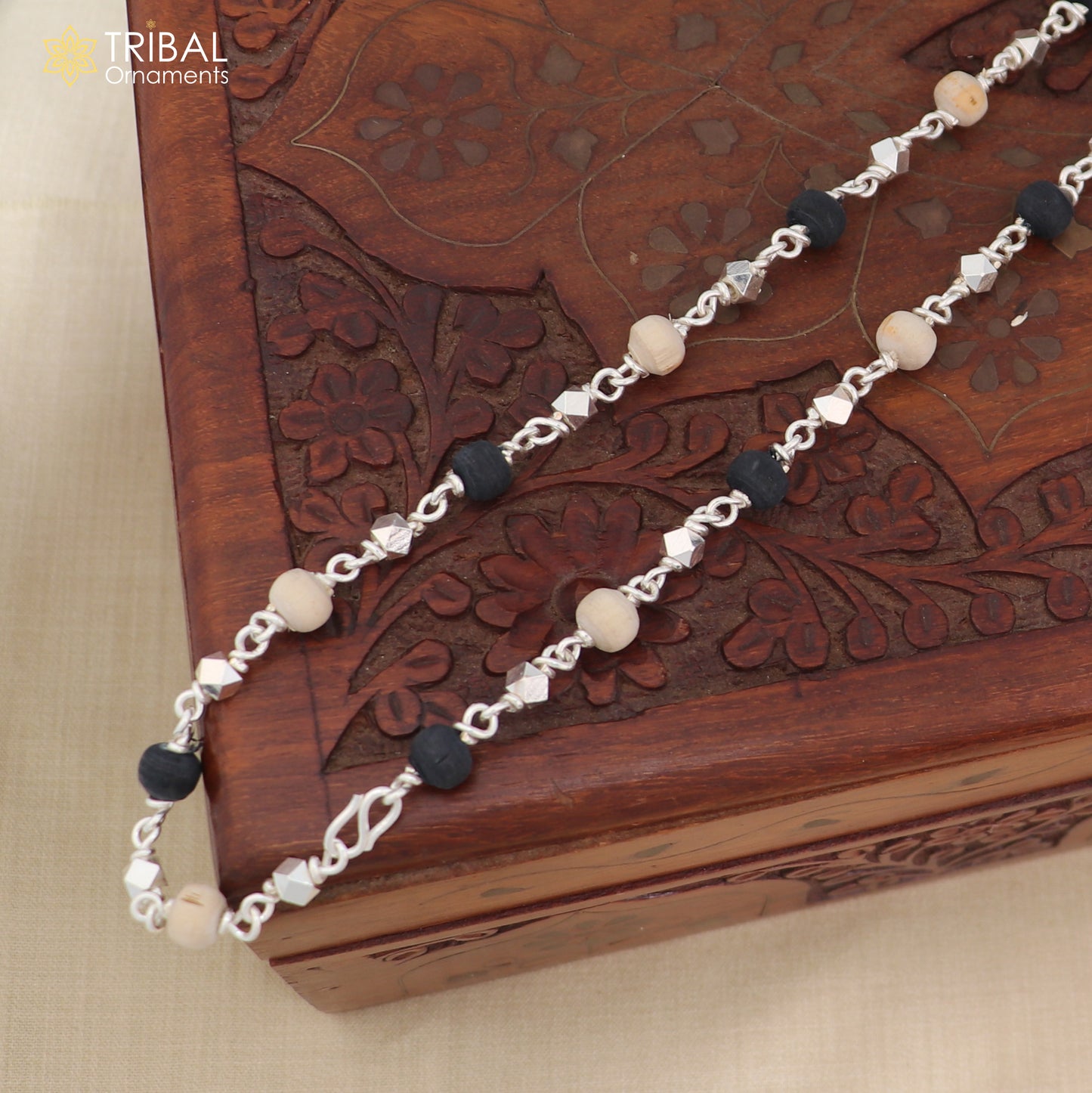 925 Silver handcrafted Black Basil rosary beads with silver beads necklace chain tulsi mala use in Ayurveda feel protected and focused ch617