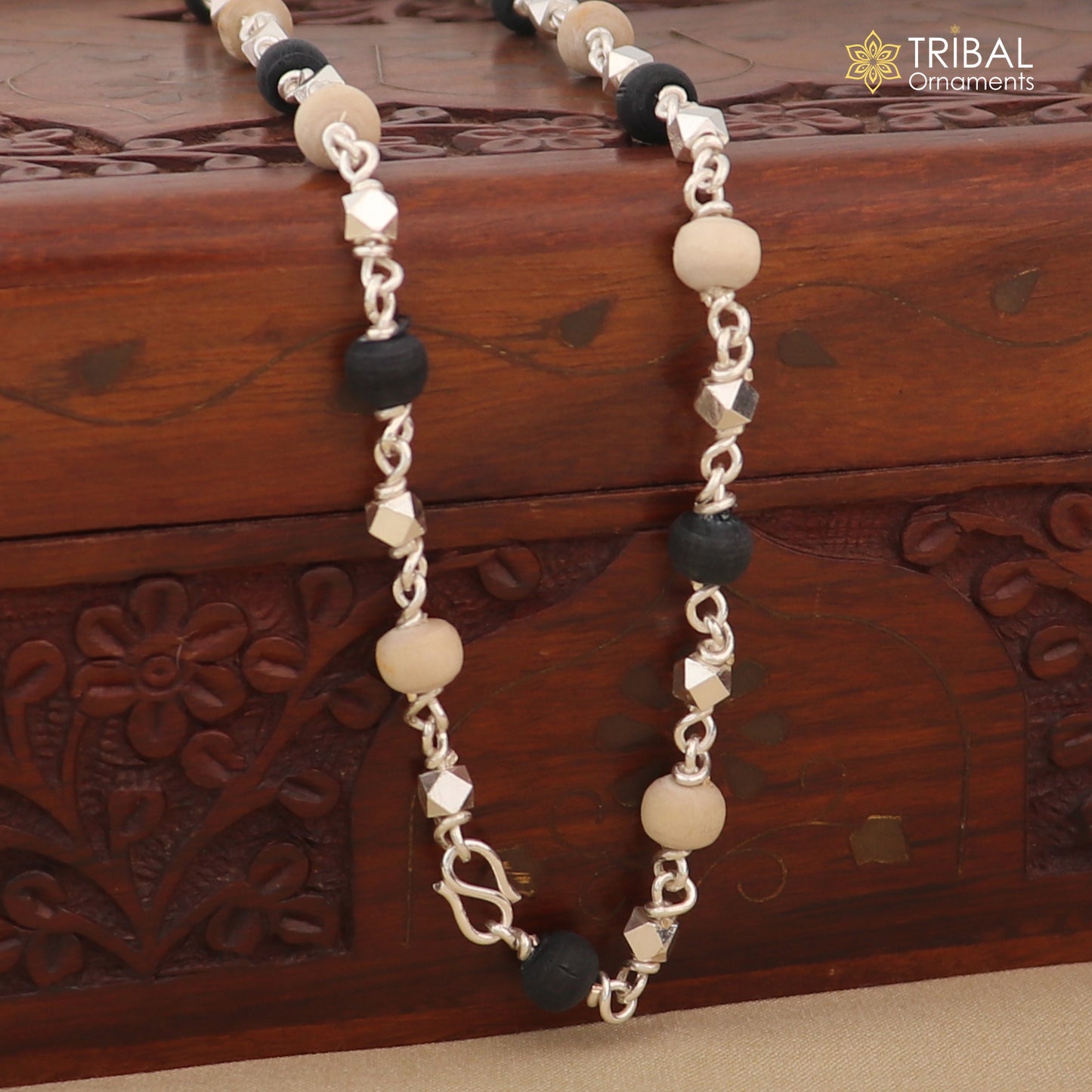 925 Silver handcrafted Black Basil rosary beads with silver beads necklace chain tulsi mala use in Ayurveda feel protected and focused ch617