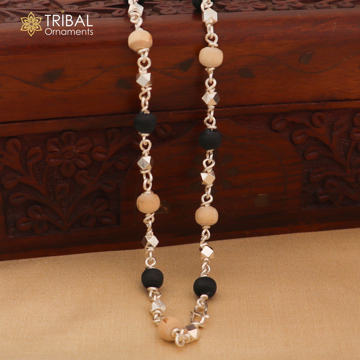 925 Silver handcrafted Black Basil rosary beads with silver beads necklace chain tulsi mala use in Ayurveda feel protected and focused ch617