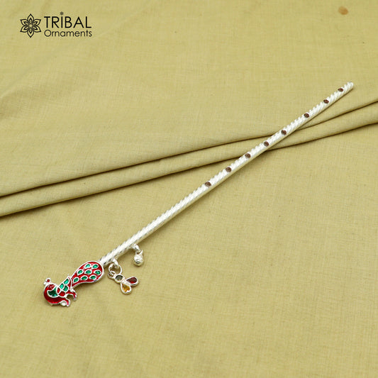 10.6"  925 sterling silver peacock design bansuri laddu Gopala flute, Krishna flute su1370