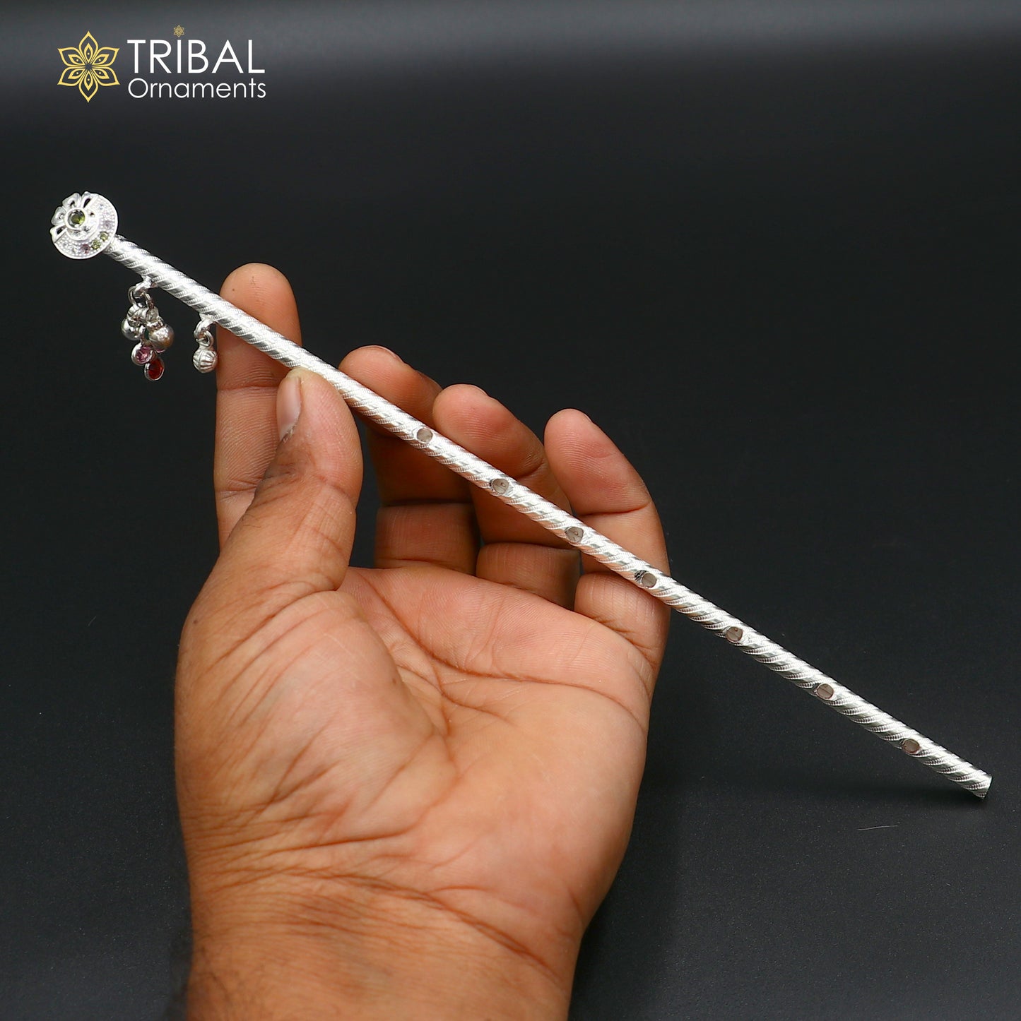 9"  925 sterling silver flower design bansuri laddu Gopala flute, Krishna flute su1373