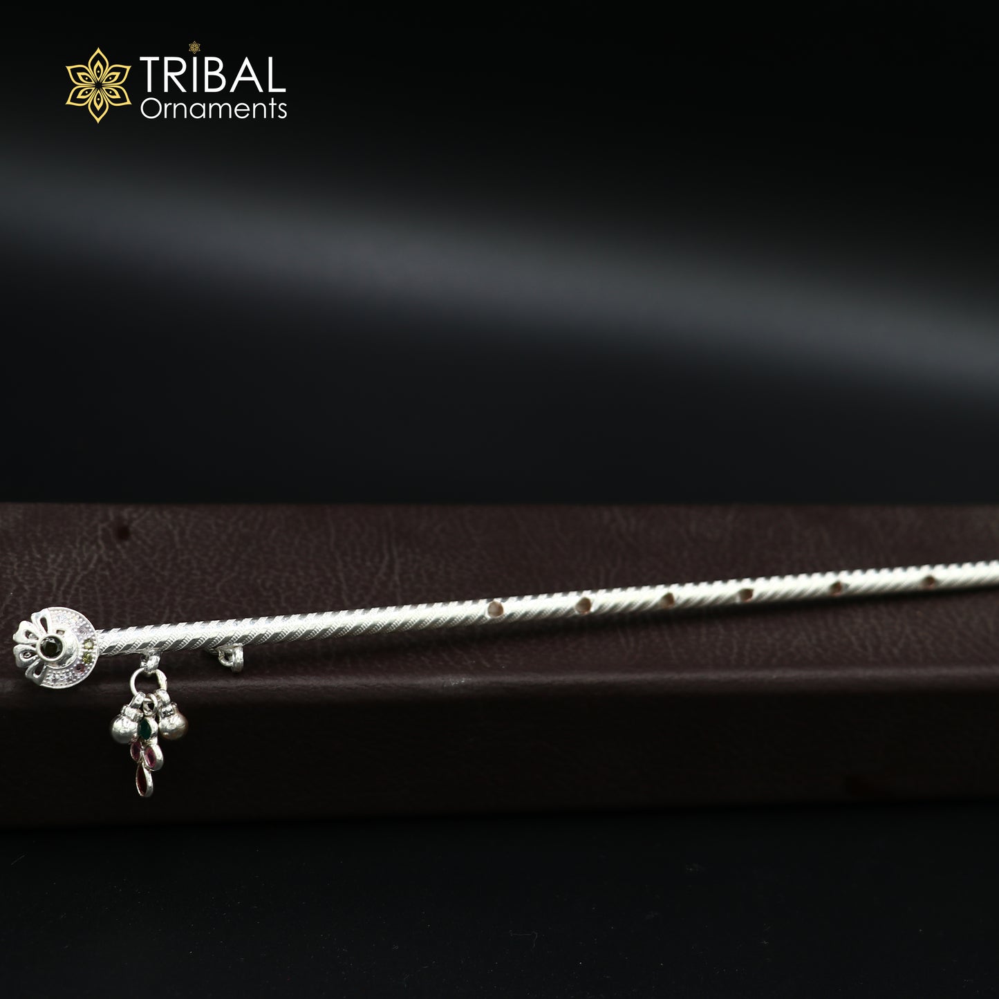 9"  925 sterling silver flower design bansuri laddu Gopala flute, Krishna flute su1373
