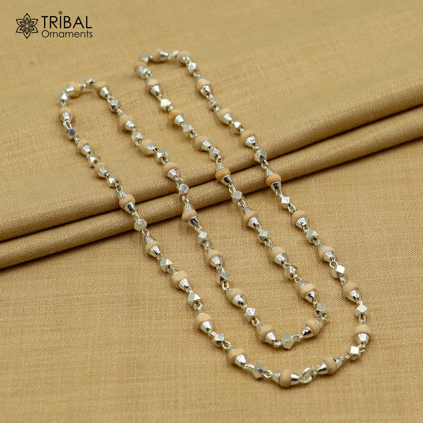 925Sterling silver handmade holy basil wooden beads silver chain necklace tulsi mala use in Ayurveda meditation ch618