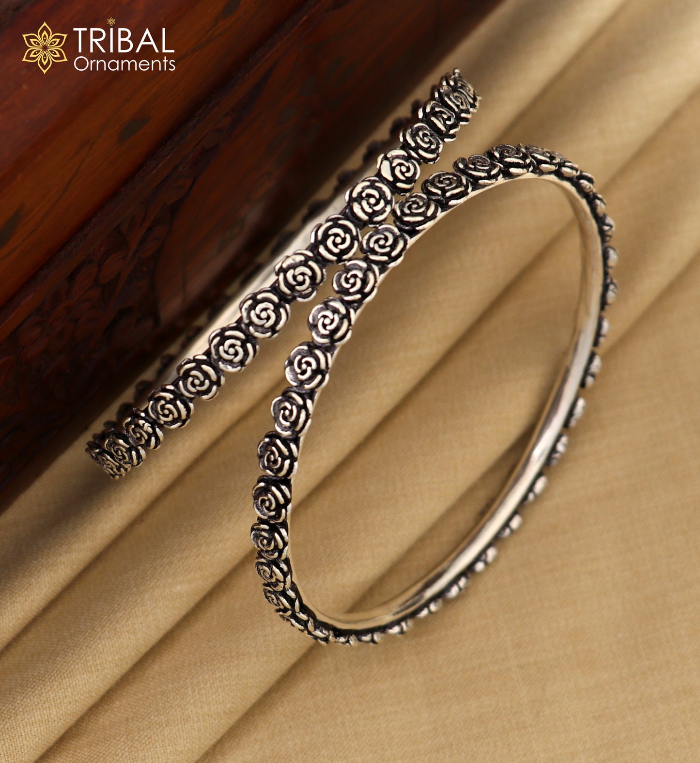 925 Sterling silver flower design bangle kada tribal jewelry nsk913
