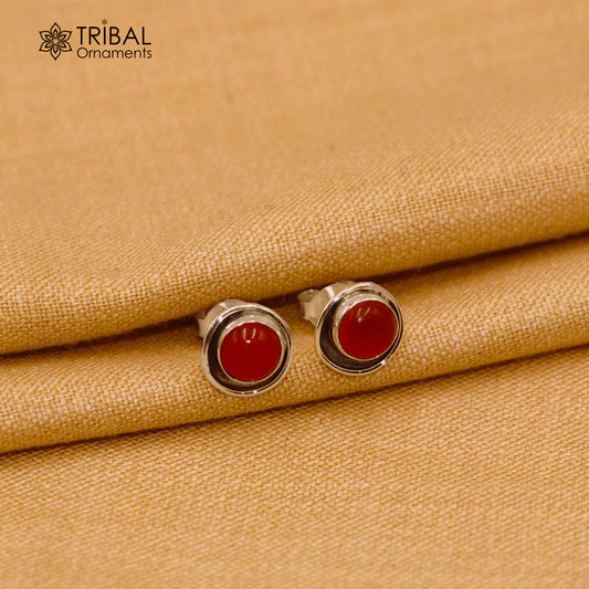 925 sterling silver gorgeous round shape gemstone coral  stud earring best unisex jewelry s1408