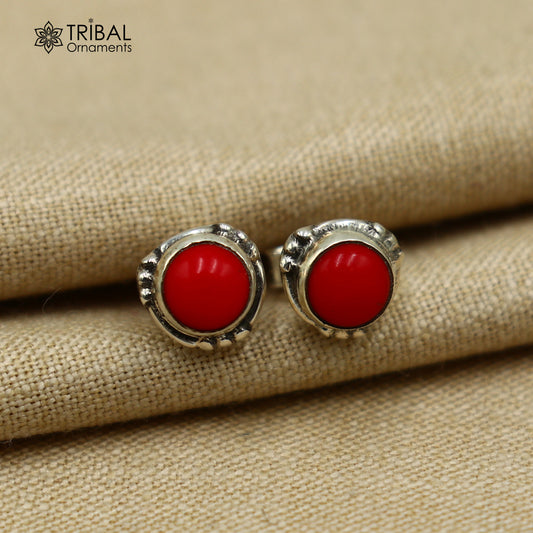 925 sterling silver gorgeous round shape red coral stone stud earring best unisex jewelry s1418