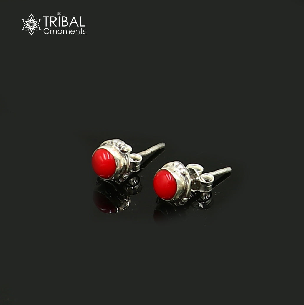 925 sterling silver gorgeous round shape red coral stone stud earring best unisex jewelry s1418