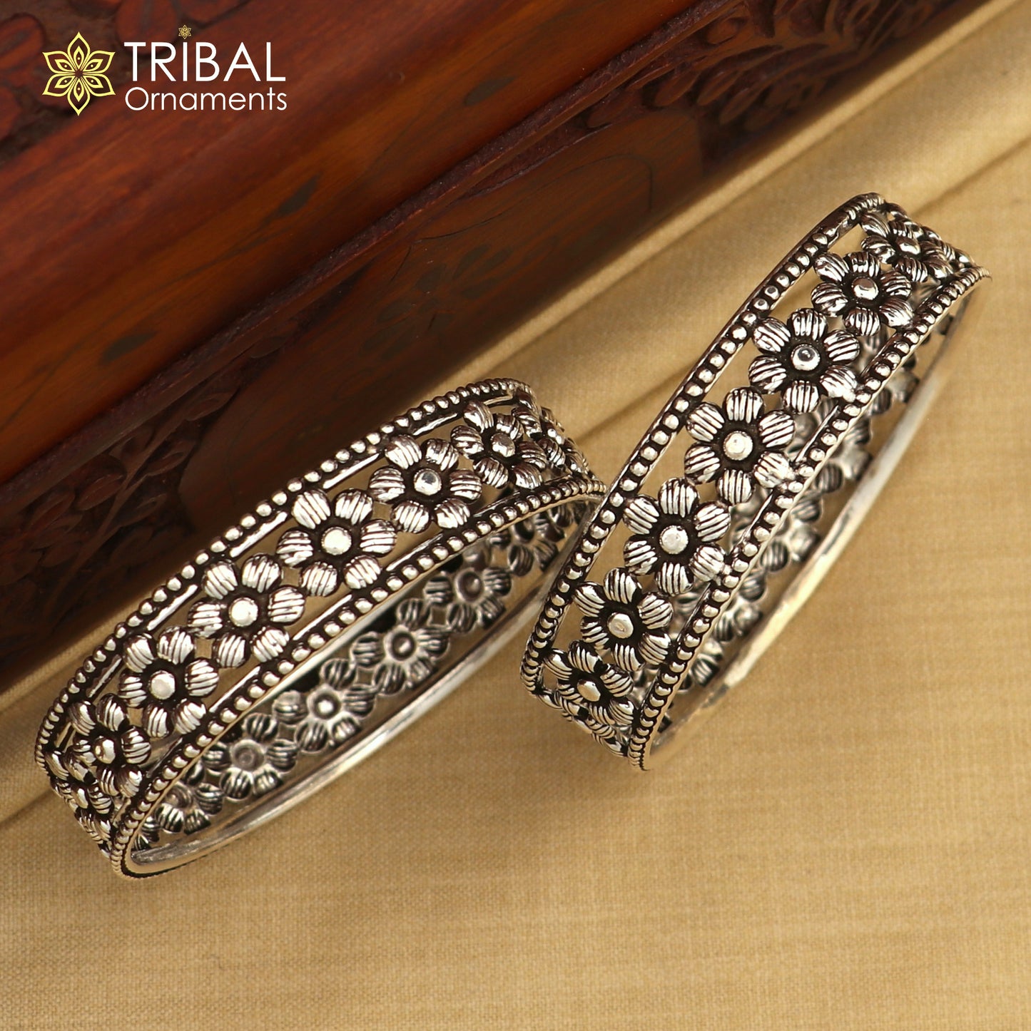 925 Sterling silver flower design bangle kada tribal jewelry nsk911
