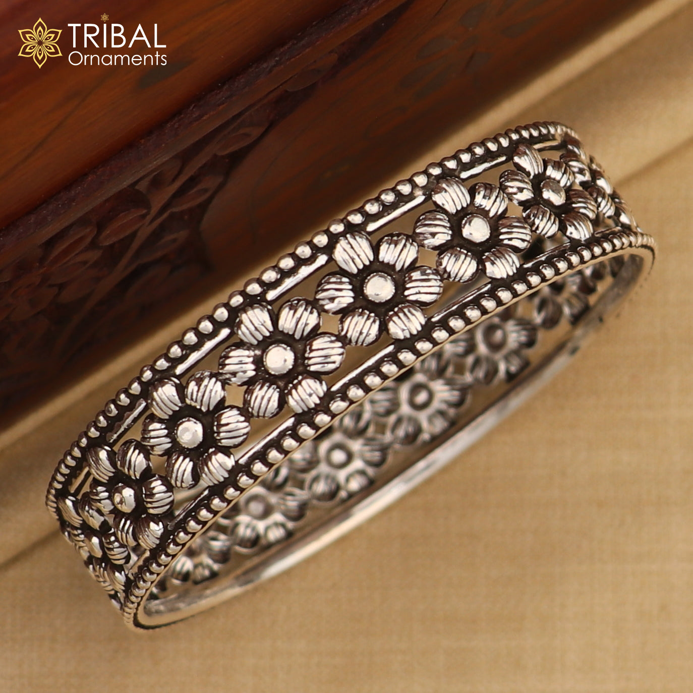 925 Sterling silver flower design bangle kada tribal jewelry nsk911