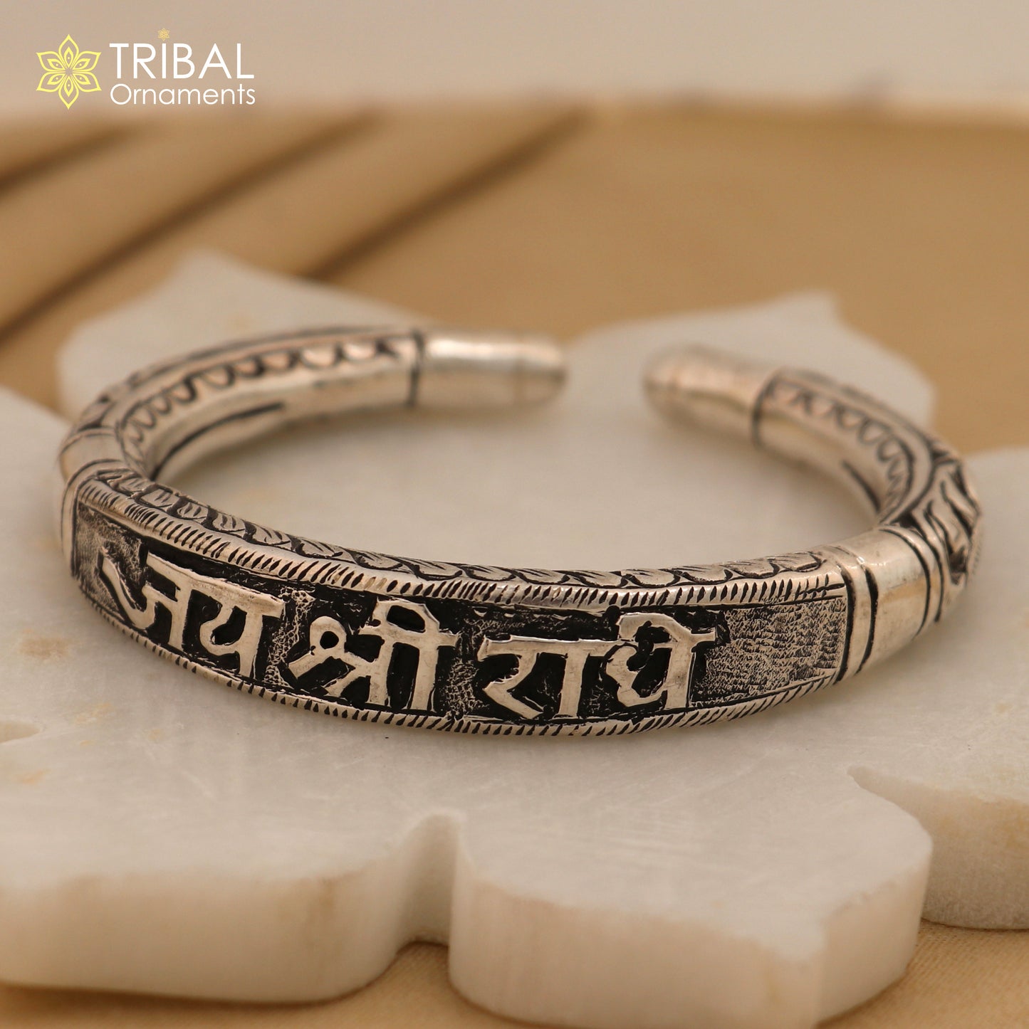 925 Sterling silver Nakshi work "Jai Shree Radhe" Goddess Radha mantra bracelet kada divine unisex tribal ethnic jewelry nsk654
