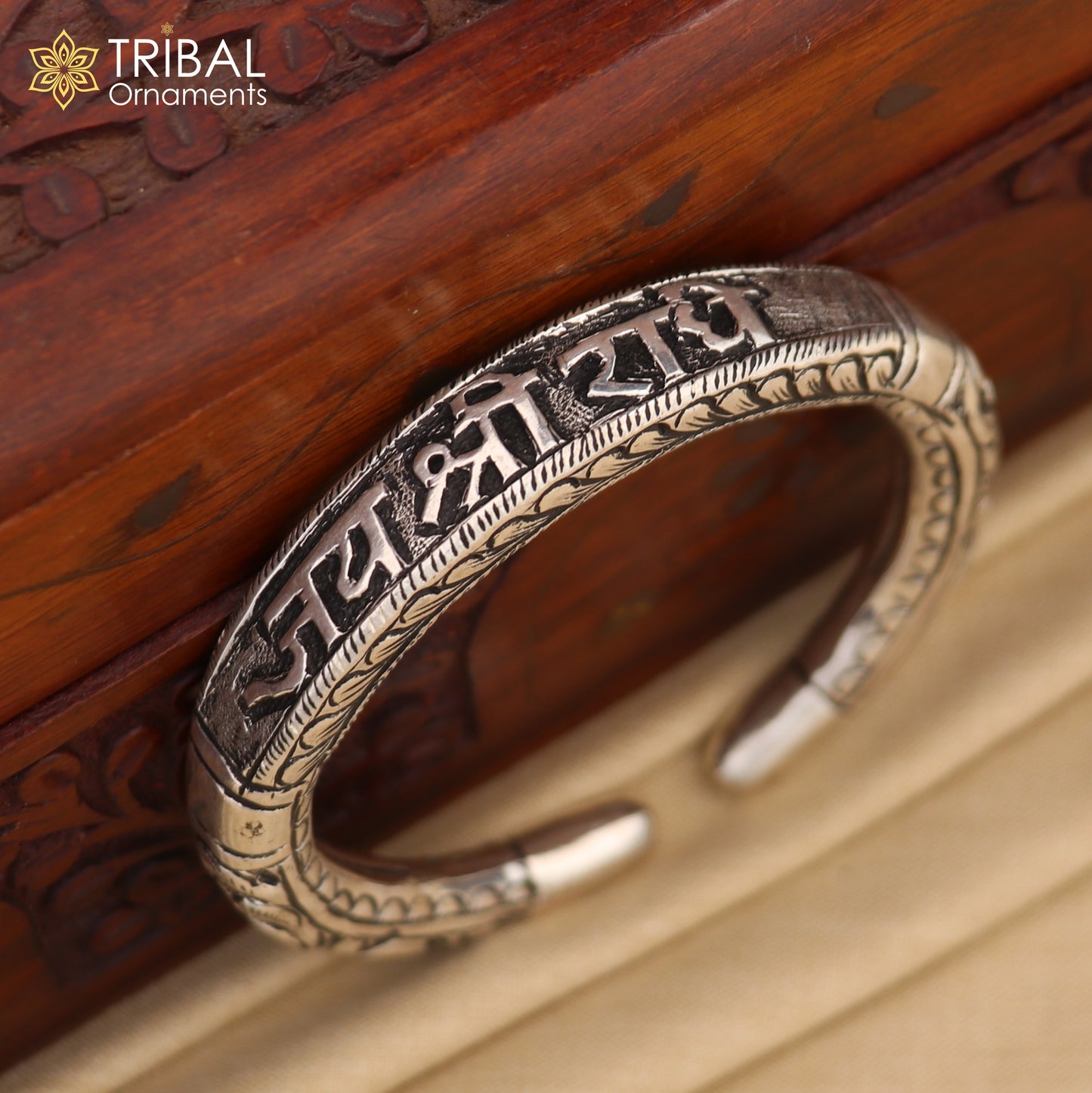 925 Sterling silver Nakshi work "Jai Shree Radhe" Goddess Radha mantra bracelet kada divine unisex tribal ethnic jewelry nsk654