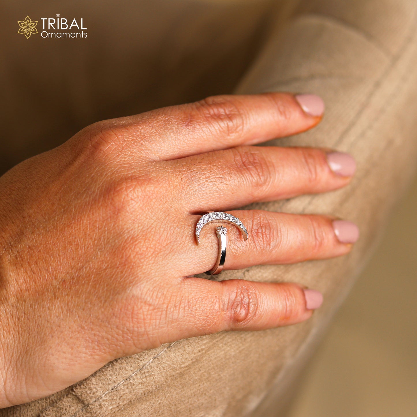 Moon and star design rose gold silver ring