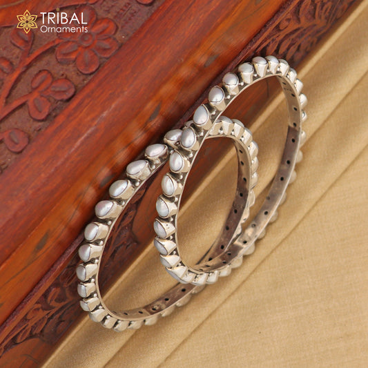 925 sterling silver natural pearls bangle bracelet, stylish fancy functional jewelry nba0385