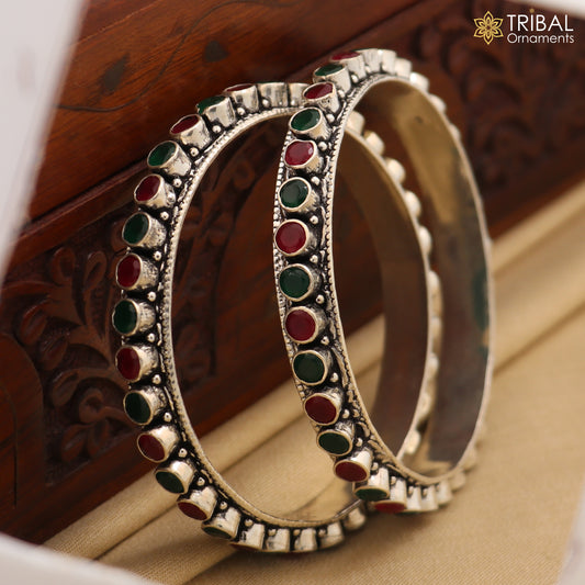 925 sterling silver fabulous cut stone bangle bracelet gorgeous green and red color stone elegant girl's women's jewelry ba175