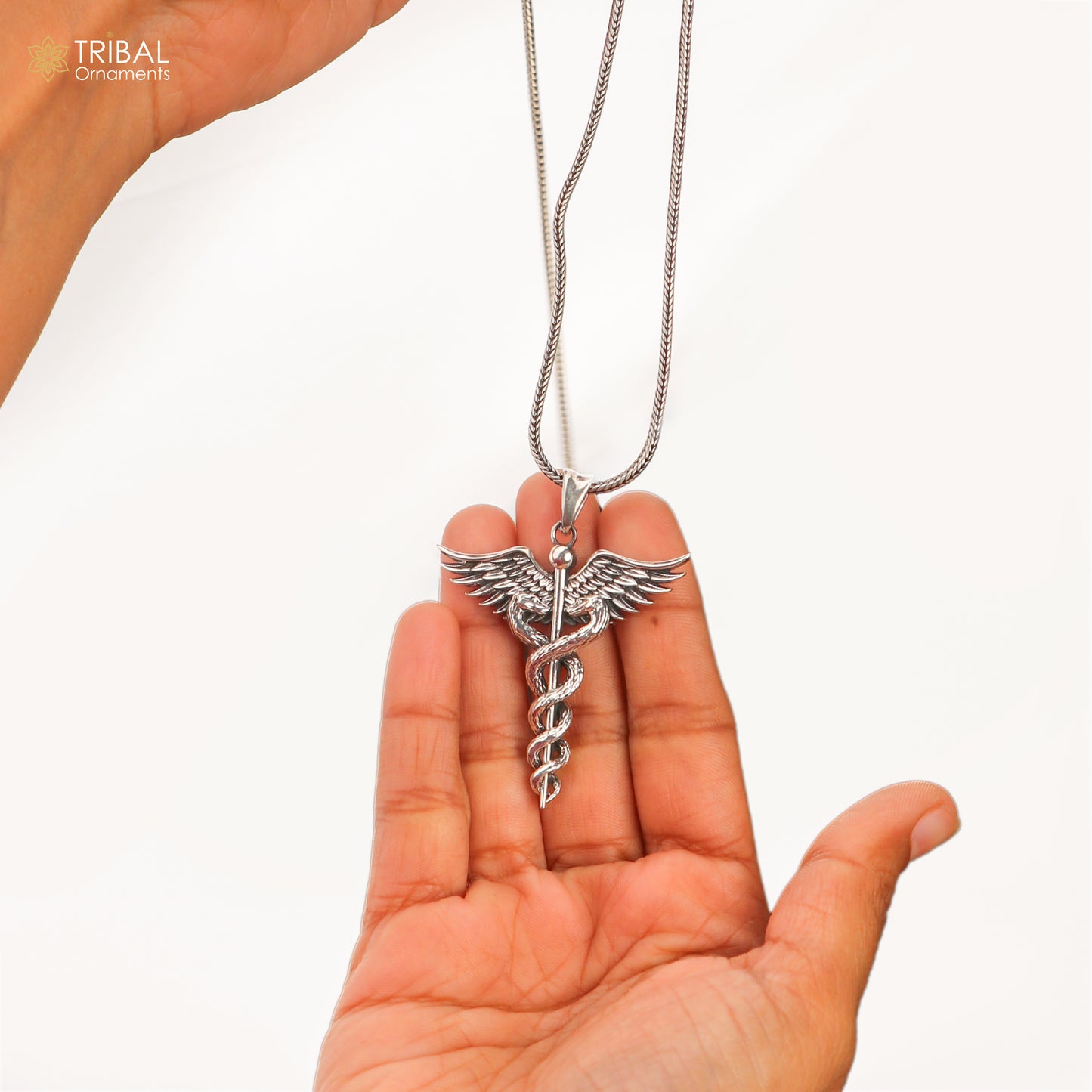 925 sterling silver Caduceus Symbol Pendant with chain tribal jewellery nsp1099