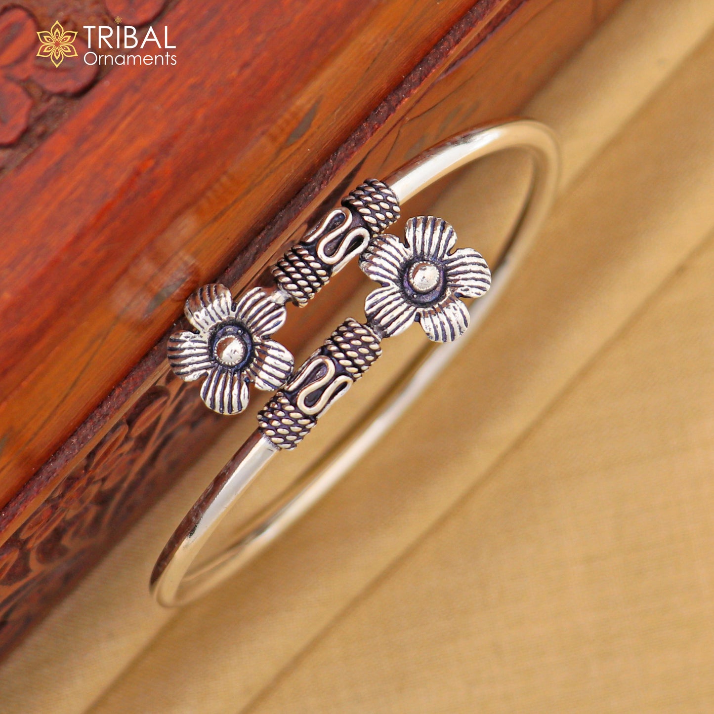 925 sterling silver flower design bangle bracelet kada tribal gifting jewelry nsk154