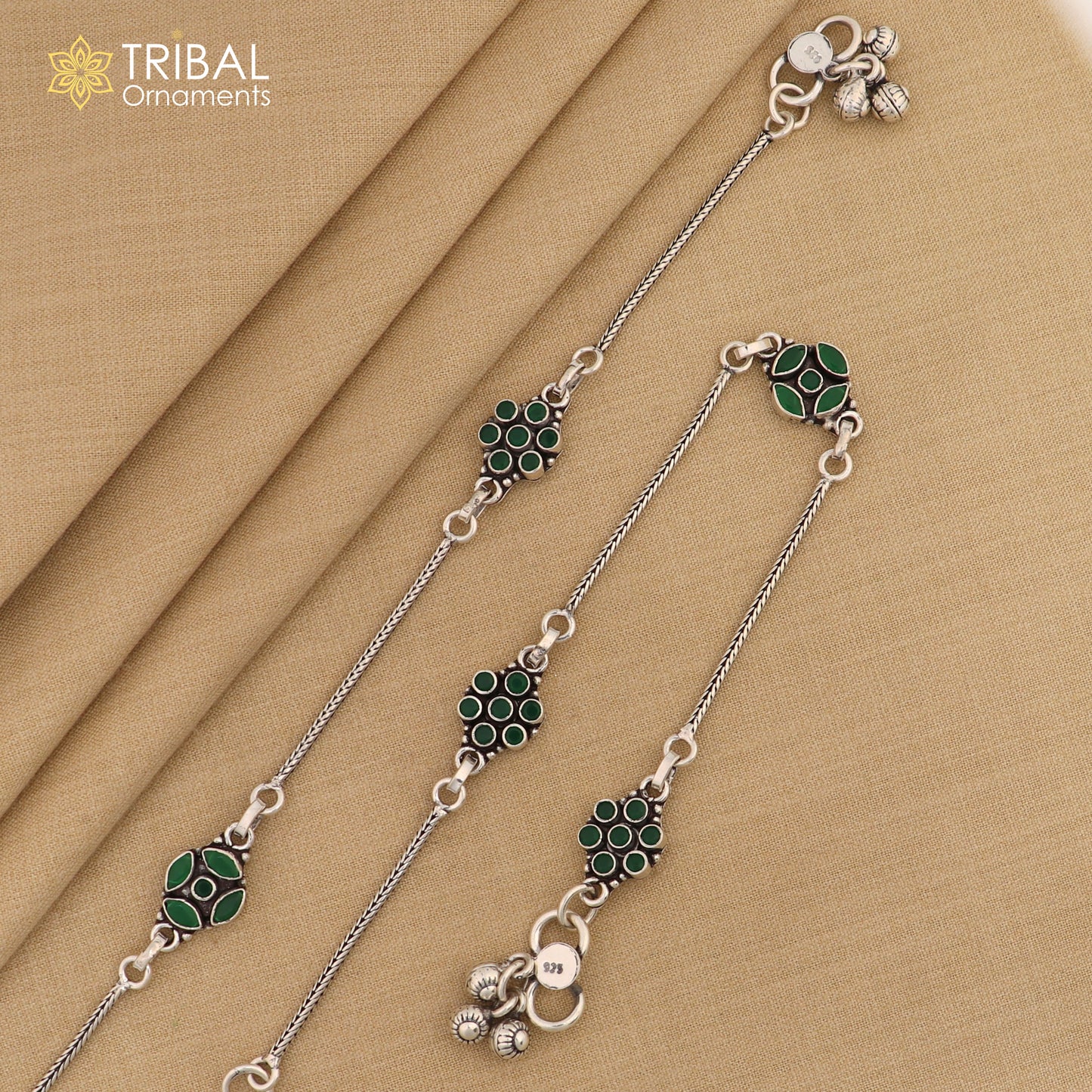 10" 925 sterling silver green stone chain anklets foot bracelet ank717