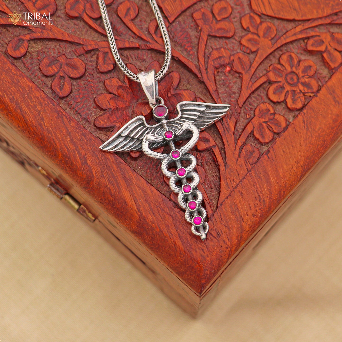925 sterling silver Caduceus Symbol Pendant with chain tribal jewellery nsp1100